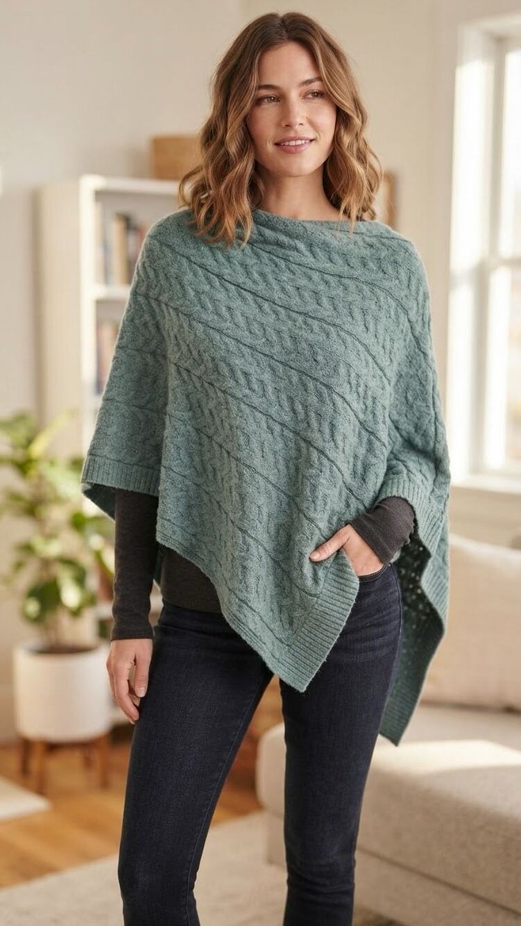 J.Jill Green Cable Knit Asymmetrical Poncho Cape Sweater One Size Cozy Fall